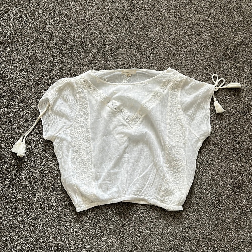 Boho-Chic Lovestitch Tassel Shoulder White Embroidered Top Size Small
